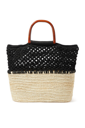 Macrame And Straw Tote With Wooden Handles